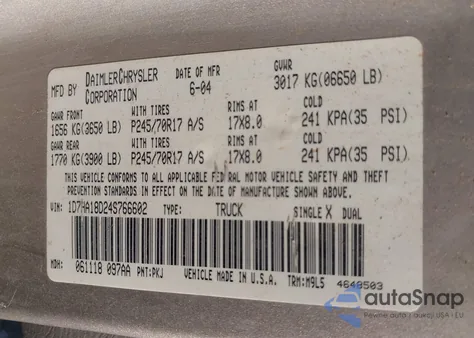 2004 Dodge Ram 1500 Slt/Laramie из США, поврежденный, VIN 1D7HA18D24S766602